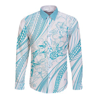 Sharks Couple Dreamy Polynesians Floral Sea Long Sleeve Button Shirt Turquoise - Polynesian Pride