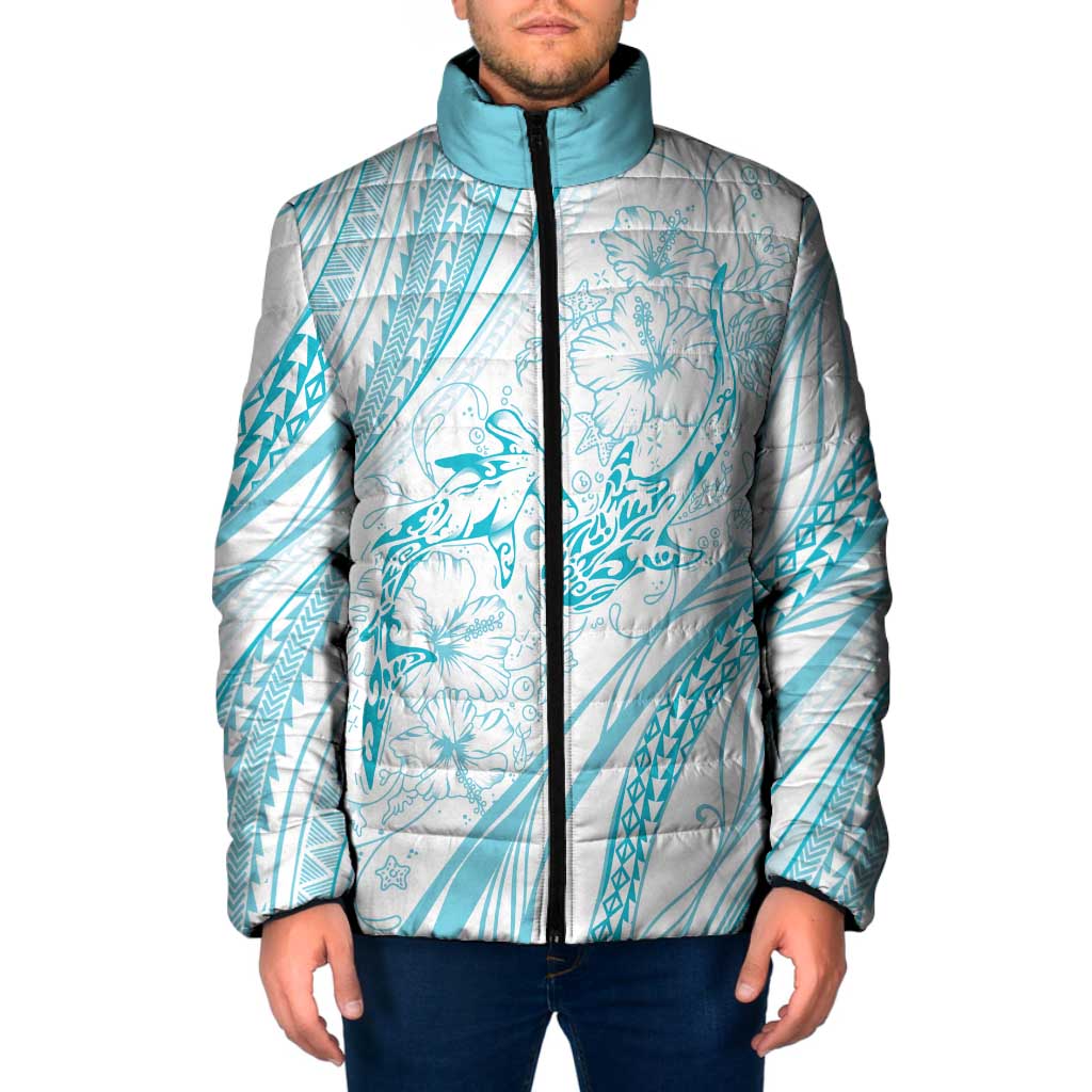 Sharks Couple Dreamy Polynesians Floral Sea Padded Jacket Turquoise - Polynesian Pride