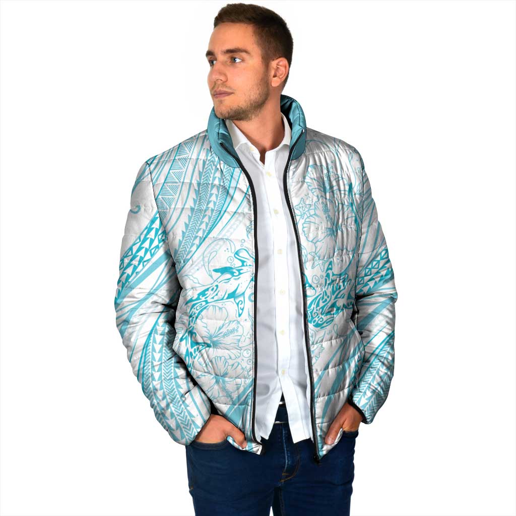Sharks Couple Dreamy Polynesians Floral Sea Padded Jacket Turquoise - Polynesian Pride