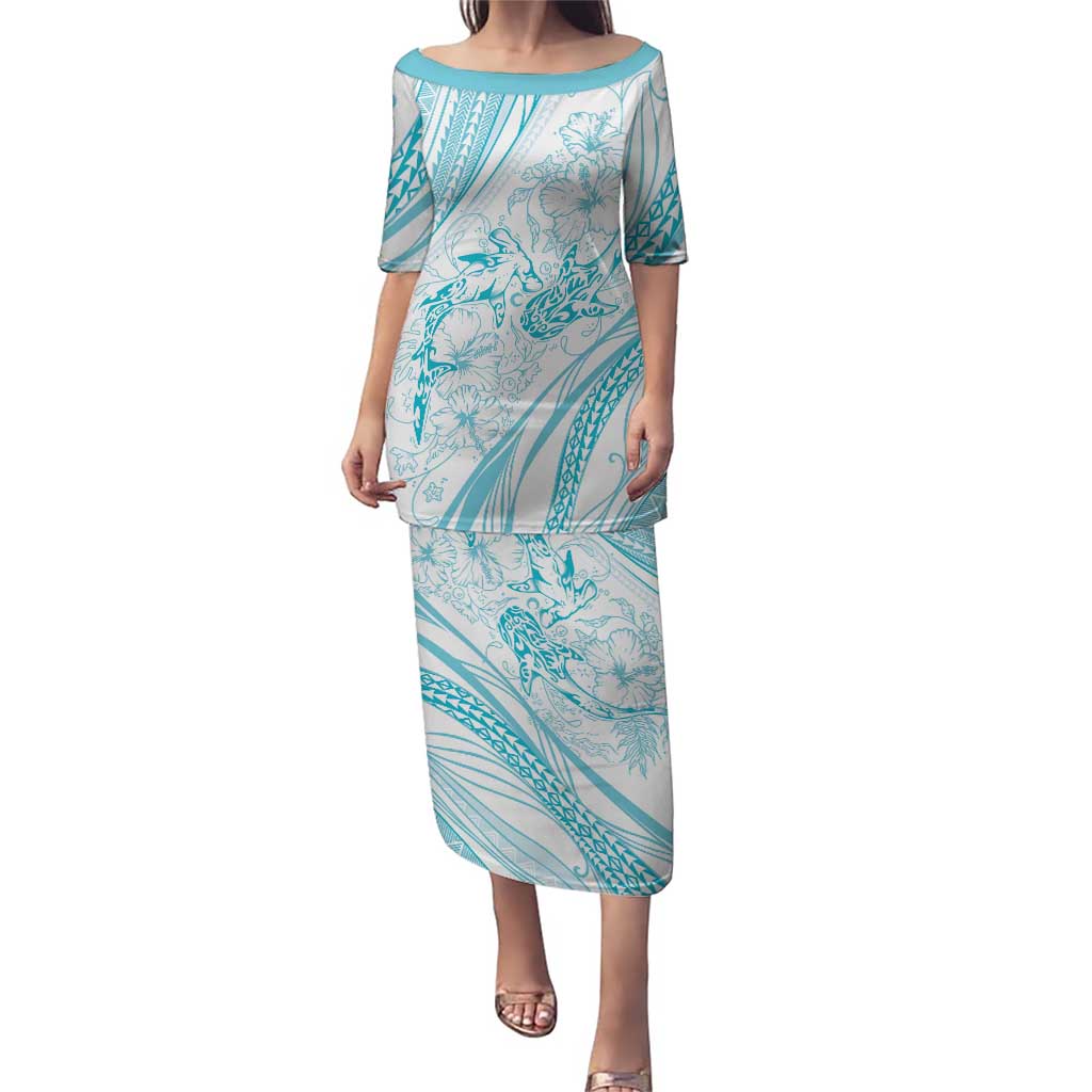 Sharks Couple Dreamy Polynesians Floral Sea Puletasi Turquoise - Polynesian Pride