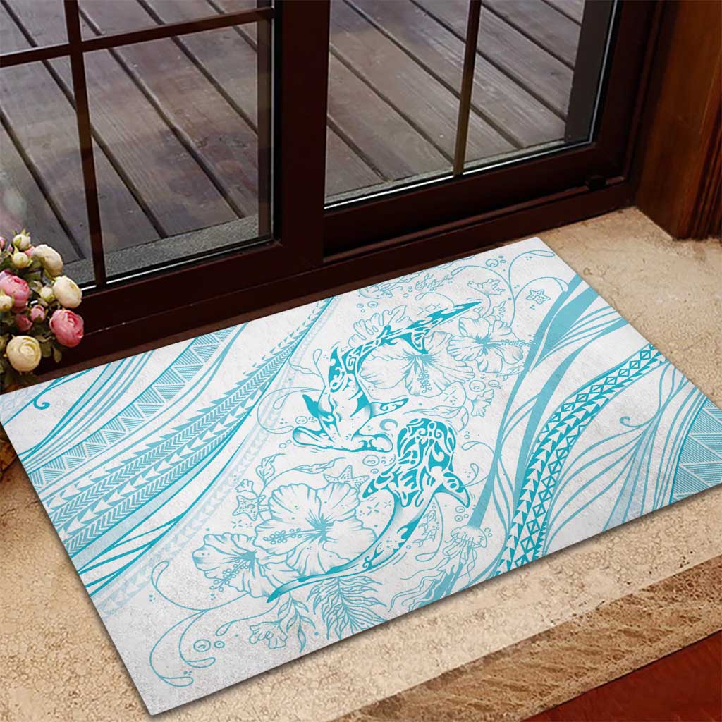Sharks Couple Dreamy Polynesians Floral Sea Rubber Doormat Turquoise - Polynesian Pride
