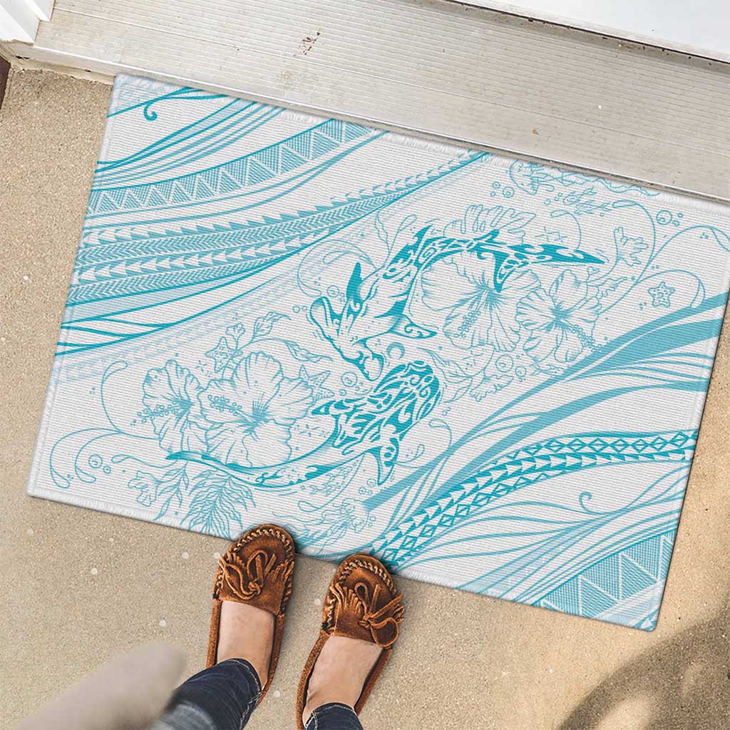 Sharks Couple Dreamy Polynesians Floral Sea Rubber Doormat Turquoise - Polynesian Pride
