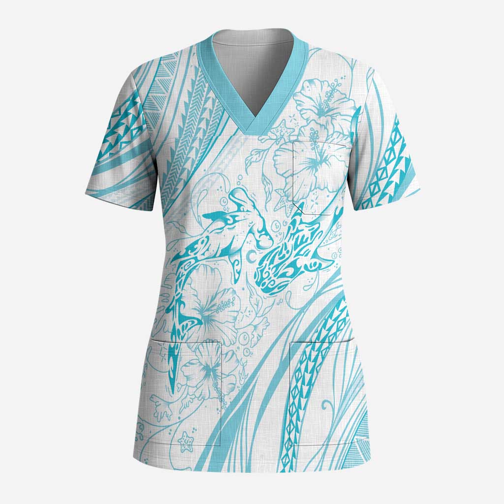 Sharks Couple Dreamy Polynesians Floral Sea Scrub Top Turquoise - Polynesian Pride