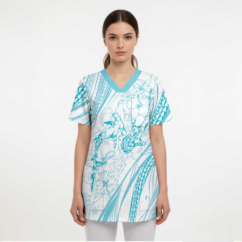 Sharks Couple Dreamy Polynesians Floral Sea Scrub Top Turquoise - Polynesian Pride