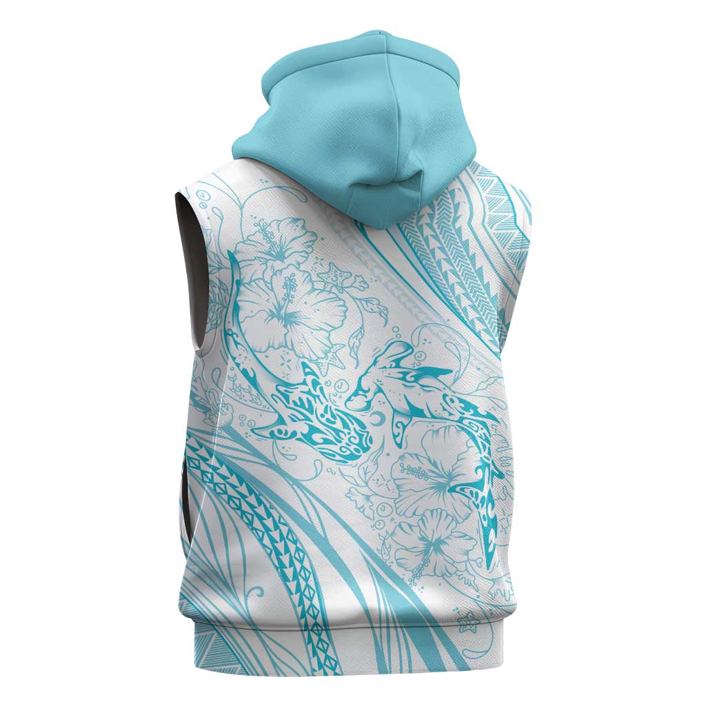 Sharks Couple Dreamy Polynesians Floral Sea Sleeveless Hoodie Turquoise - Polynesian Pride