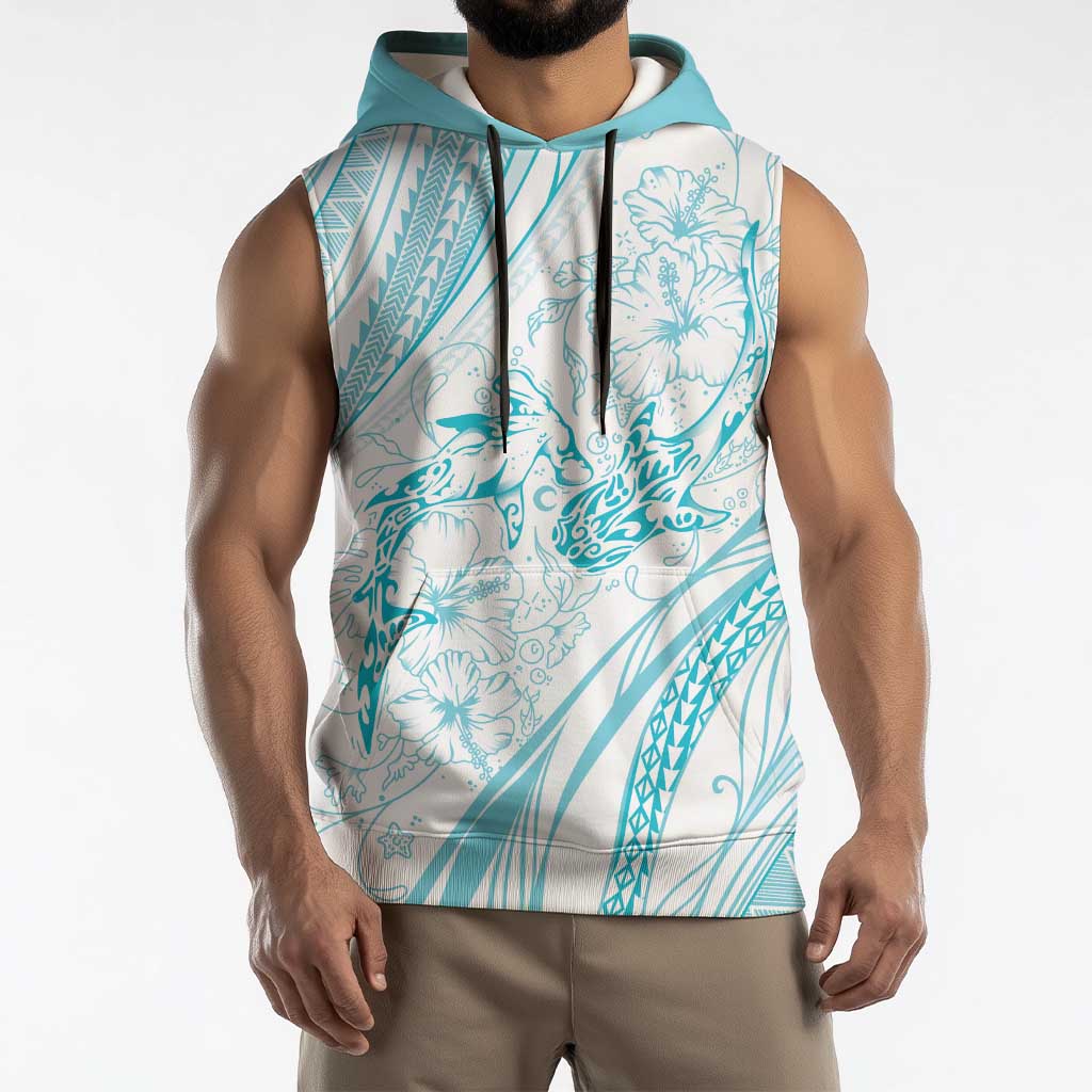 Sharks Couple Dreamy Polynesians Floral Sea Sleeveless Hoodie Turquoise - Polynesian Pride
