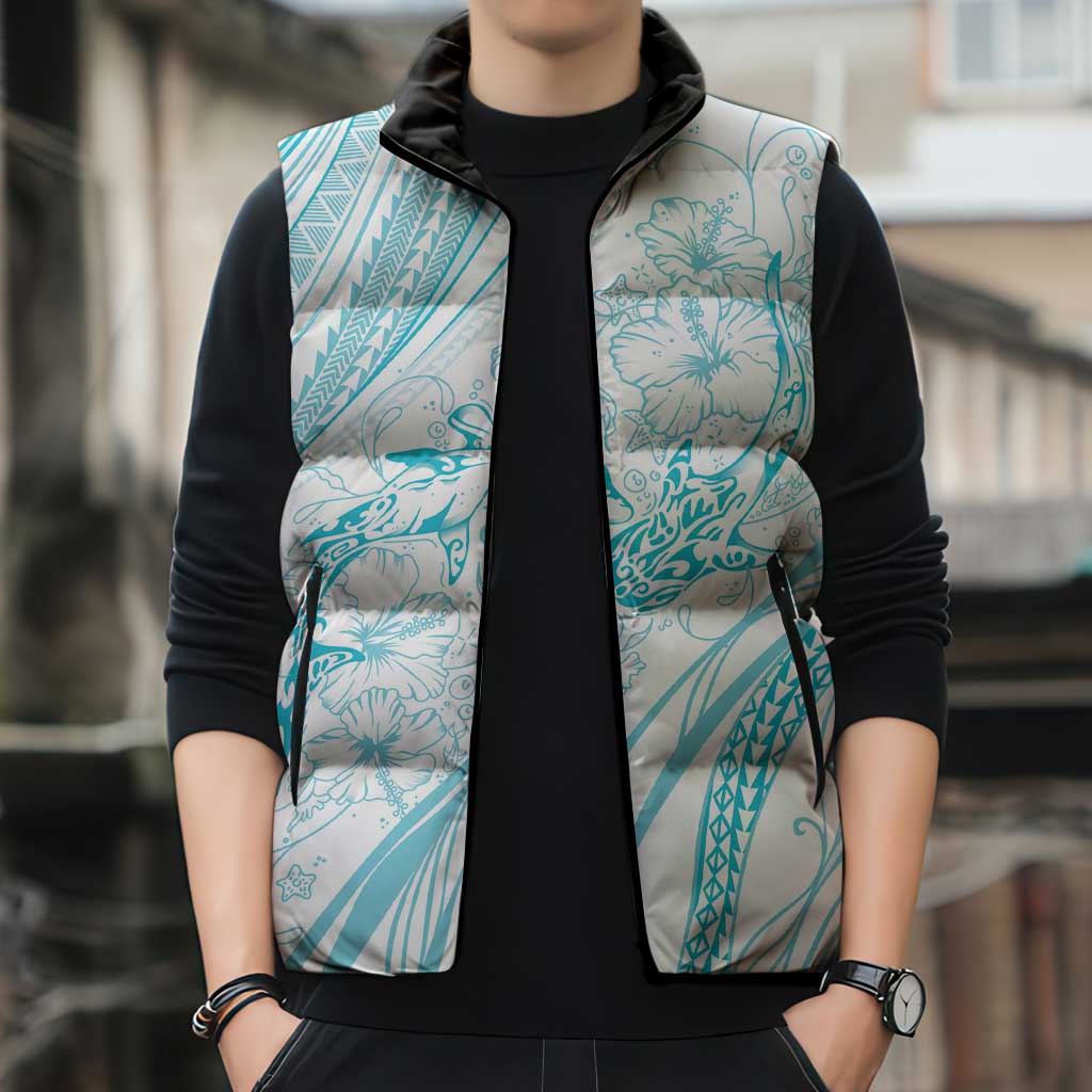 Sharks Couple Dreamy Polynesians Floral Sea Sleeveless Puffer Jacket Turquoise - Polynesian Pride