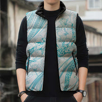 Sharks Couple Dreamy Polynesians Floral Sea Sleeveless Puffer Jacket Turquoise - Polynesian Pride