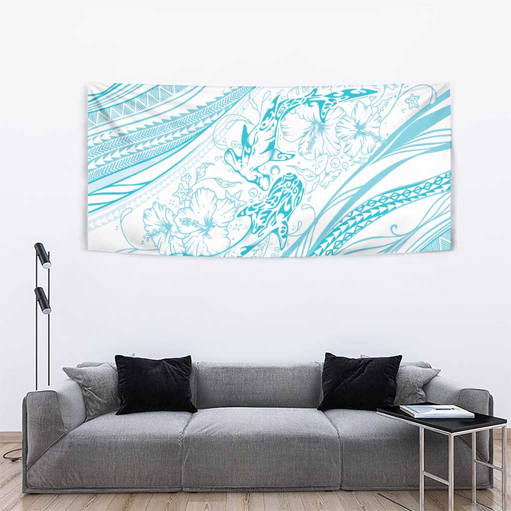 Sharks Couple Dreamy Polynesians Floral Sea Tapestry Turquoise - Polynesian Pride