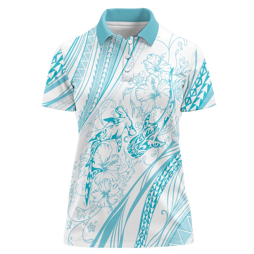 Sharks Couple Dreamy Polynesians Floral Sea Women Polo Shirt Turquoise - Polynesian Pride