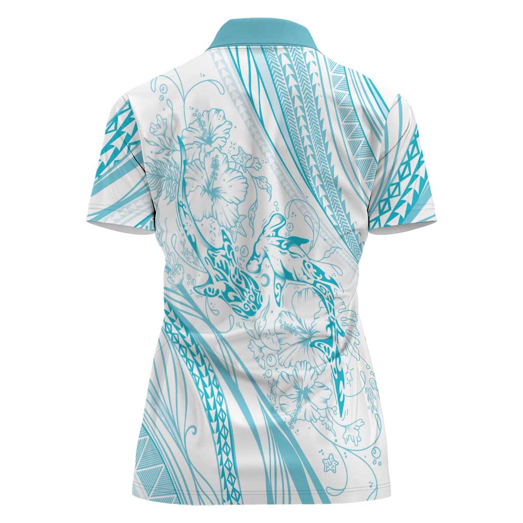 Sharks Couple Dreamy Polynesians Floral Sea Women Polo Shirt Turquoise - Polynesian Pride