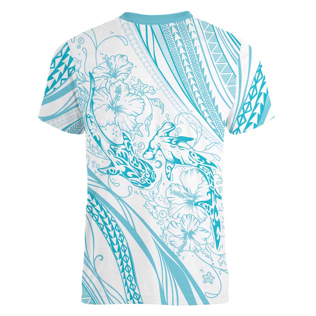 Sharks Couple Dreamy Polynesians Floral Sea Women V-Neck T-Shirt Turquoise - Polynesian Pride
