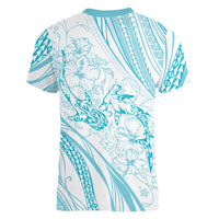 Sharks Couple Dreamy Polynesians Floral Sea Women V-Neck T-Shirt Turquoise - Polynesian Pride
