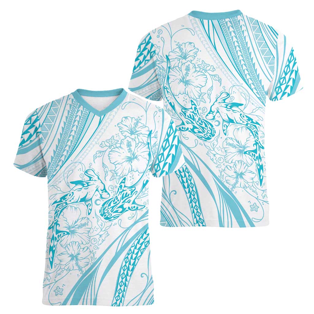 Sharks Couple Dreamy Polynesians Floral Sea Women V-Neck T-Shirt Turquoise - Polynesian Pride
