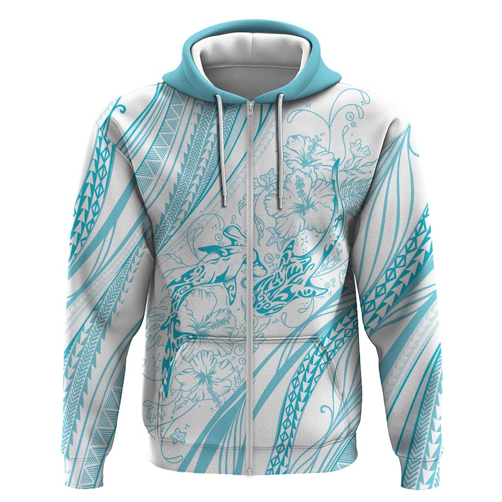 Sharks Couple Dreamy Polynesians Floral Sea Zip Hoodie Turquoise - Polynesian Pride