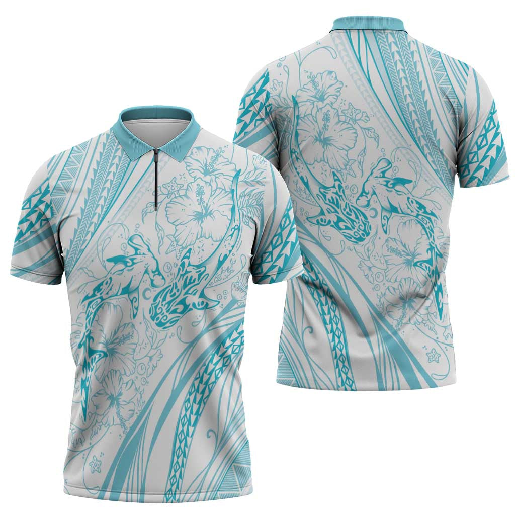 Sharks Couple Dreamy Polynesians Floral Sea Zipper Polo Shirt Turquoise - Polynesian Pride