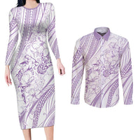 Sharks Couple Dreamy Polynesians Floral Sea Couples Matching Long Sleeve Bodycon Dress and Long Sleeve Button Shirt Lilac LT7 Lilac - Polynesian Pride