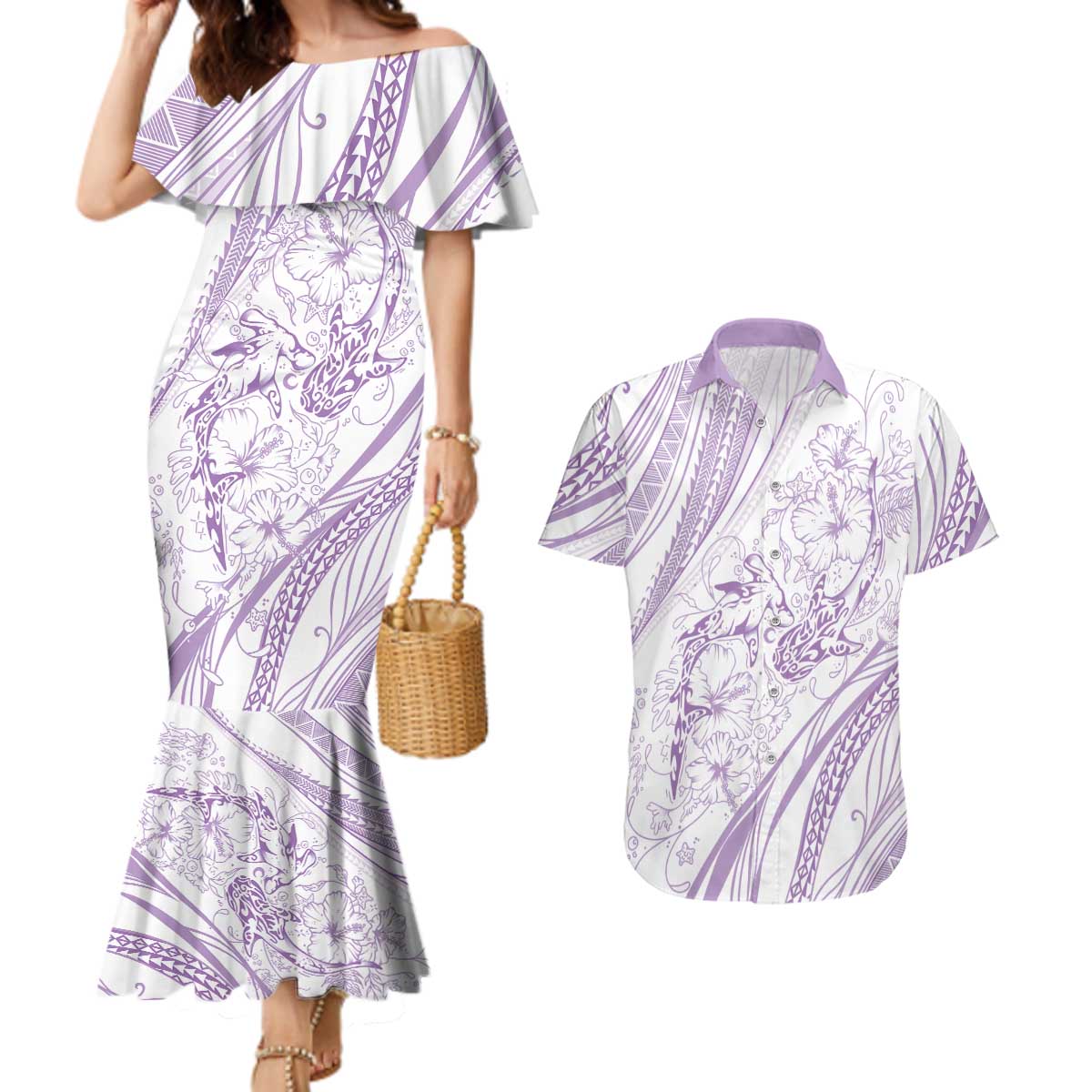 Sharks Couple Dreamy Polynesians Floral Sea Couples Matching Mermaid Dress and Hawaiian Shirt Lilac - Polynesian Pride