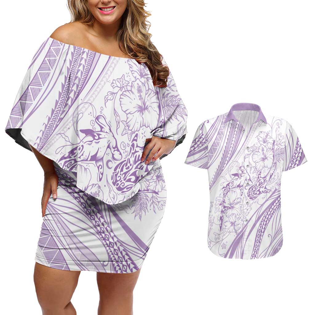 Sharks Couple Dreamy Polynesians Floral Sea Couples Matching Off Shoulder Short Dress and Hawaiian Shirt Lilac LT7 Lilac - Polynesian Pride