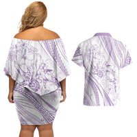 Sharks Couple Dreamy Polynesians Floral Sea Couples Matching Off Shoulder Short Dress and Hawaiian Shirt Lilac LT7 - Polynesian Pride