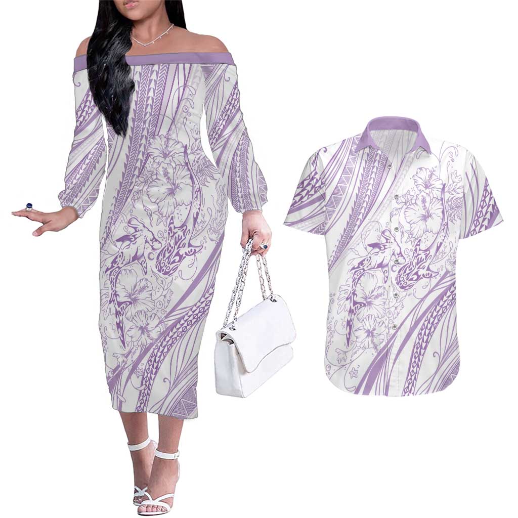 Sharks Couple Dreamy Polynesians Floral Sea Couples Matching Off The Shoulder Long Sleeve Dress and Hawaiian Shirt Lilac LT7 Lilac - Polynesian Pride
