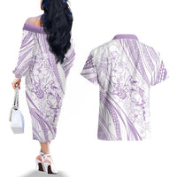 Sharks Couple Dreamy Polynesians Floral Sea Couples Matching Off The Shoulder Long Sleeve Dress and Hawaiian Shirt Lilac LT7 - Polynesian Pride