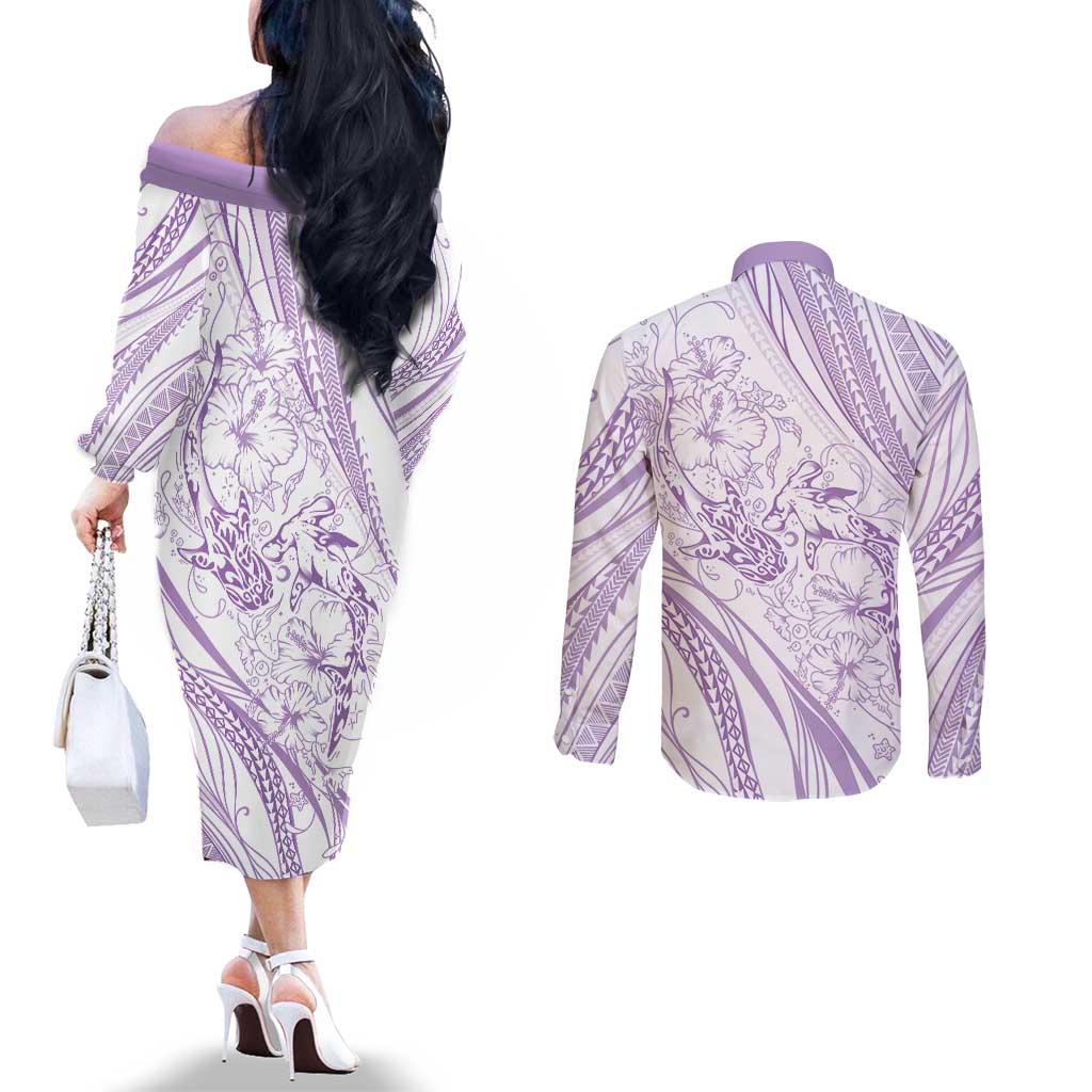 Sharks Couple Dreamy Polynesians Floral Sea Couples Matching Off The Shoulder Long Sleeve Dress and Long Sleeve Button Shirt Lilac LT7 - Polynesian Pride