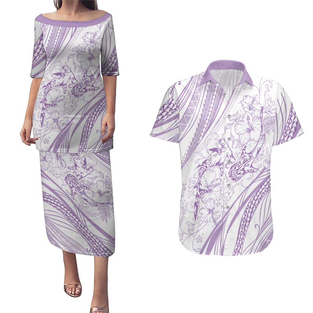 Sharks Couple Dreamy Polynesians Floral Sea Couples Matching Puletasi and Hawaiian Shirt Lilac - Polynesian Pride