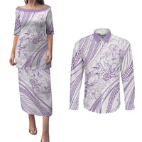 Sharks Couple Dreamy Polynesians Floral Sea Couples Matching Puletasi and Long Sleeve Button Shirt Lilac - Polynesian Pride