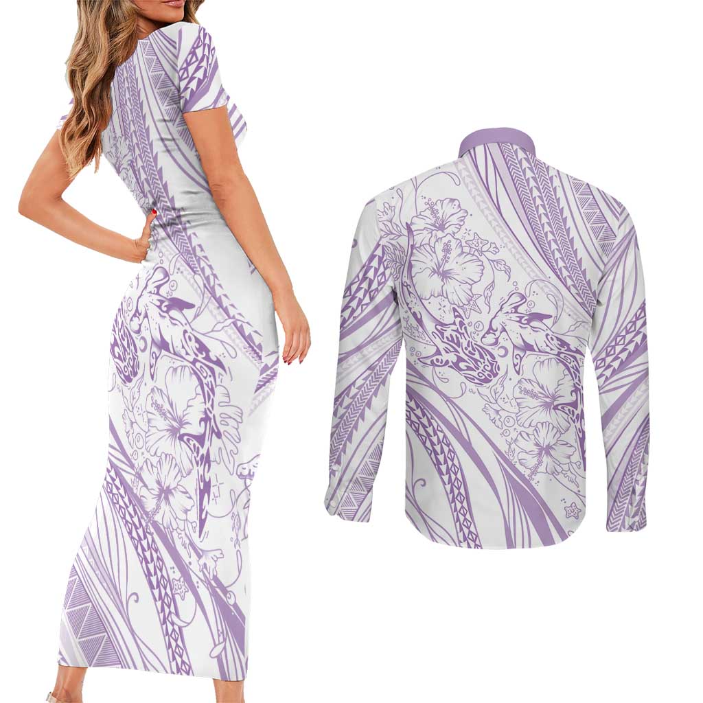 Sharks Couple Dreamy Polynesians Floral Sea Couples Matching Short Sleeve Bodycon Dress and Long Sleeve Button Shirt Lilac LT7 - Polynesian Pride