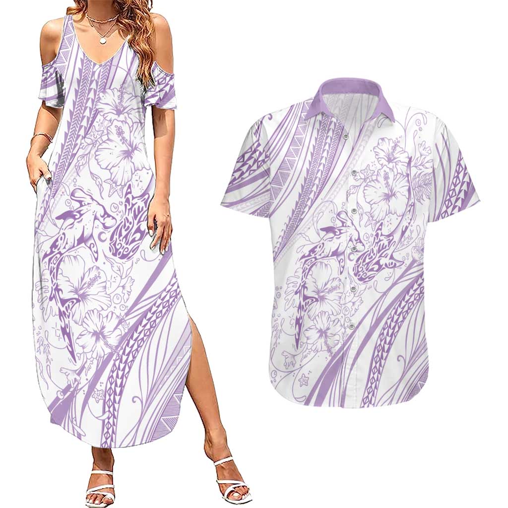 Sharks Couple Dreamy Polynesians Floral Sea Couples Matching Summer Maxi Dress and Hawaiian Shirt Lilac - Polynesian Pride