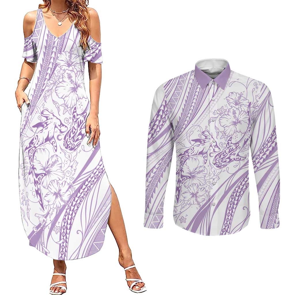Sharks Couple Dreamy Polynesians Floral Sea Couples Matching Summer Maxi Dress and Long Sleeve Button Shirt Lilac LT7 Lilac - Polynesian Pride