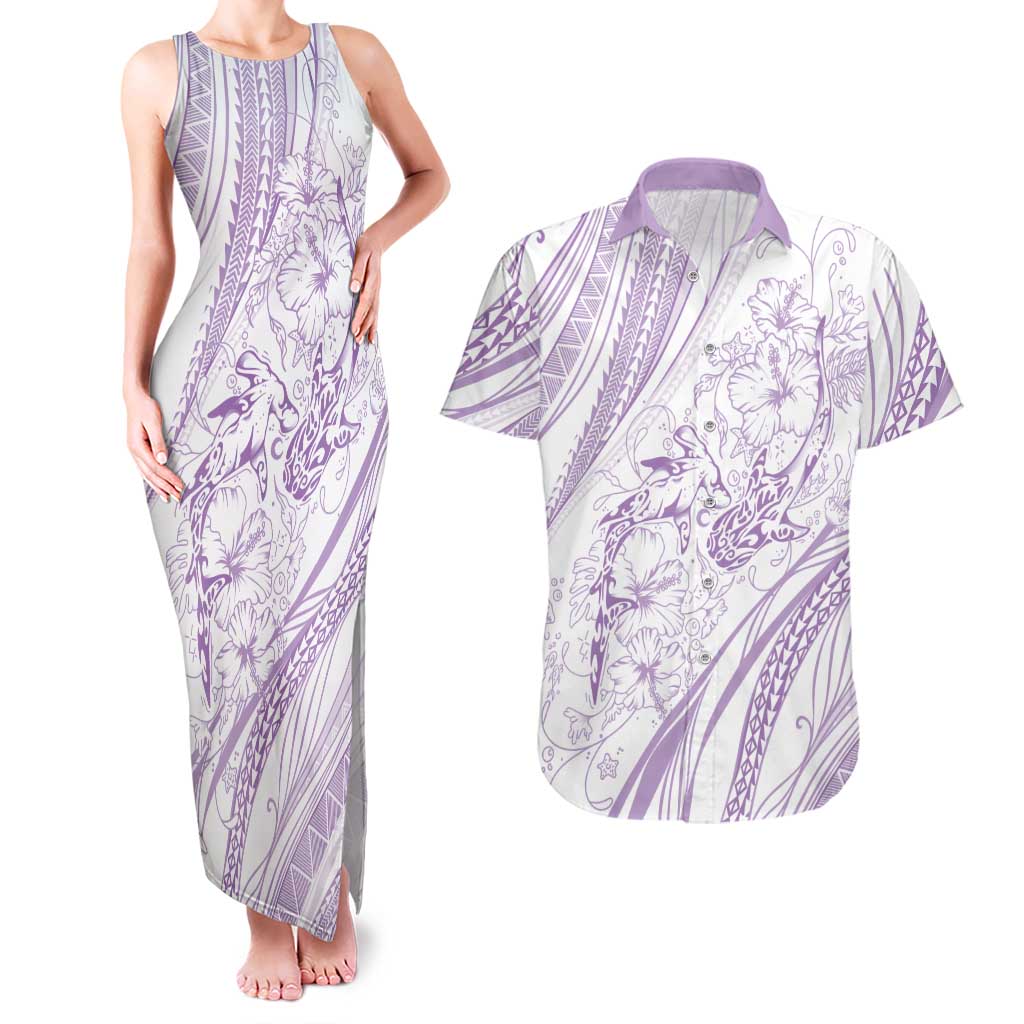 Sharks Couple Dreamy Polynesians Floral Sea Couples Matching Tank Maxi Dress and Hawaiian Shirt Lilac - Polynesian Pride