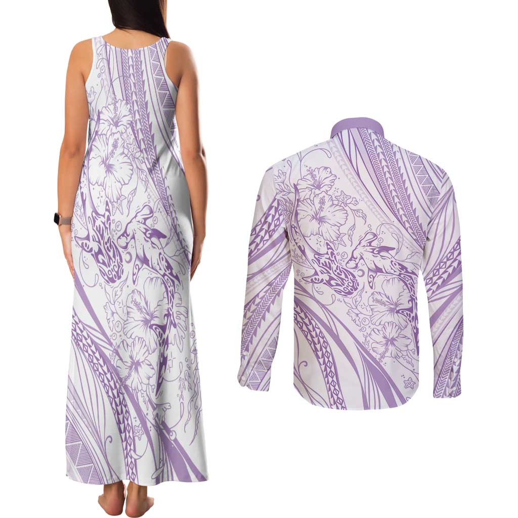 Sharks Couple Dreamy Polynesians Floral Sea Couples Matching Tank Maxi Dress and Long Sleeve Button Shirt Lilac - Polynesian Pride