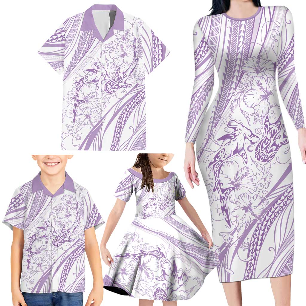 Sharks Couple Dreamy Polynesians Floral Sea Family Matching Long Sleeve Bodycon Dress and Hawaiian Shirt Lilac LT7 - Polynesian Pride
