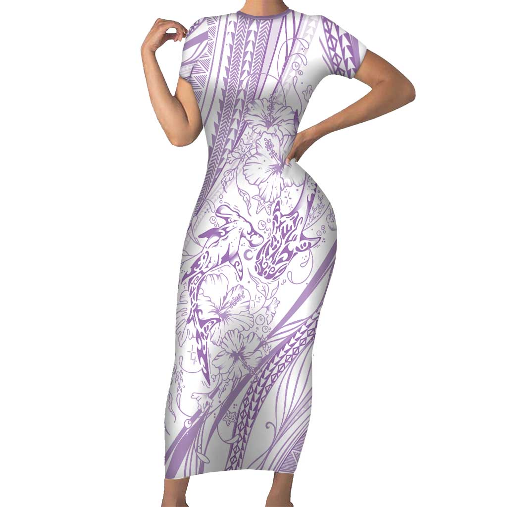 Sharks Couple Dreamy Polynesians Floral Sea Family Matching Short Sleeve Bodycon Dress and Hawaiian Shirt Lilac LT7 Mom's Dress Lilac - Polynesian Pride