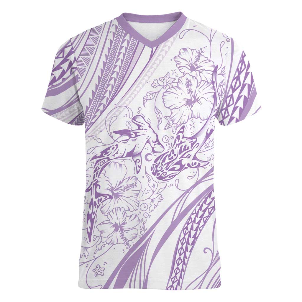 Sharks Couple Dreamy Polynesians Floral Sea Women V-Neck T-Shirt Lilac LT7 Female Lilac - Polynesian Pride