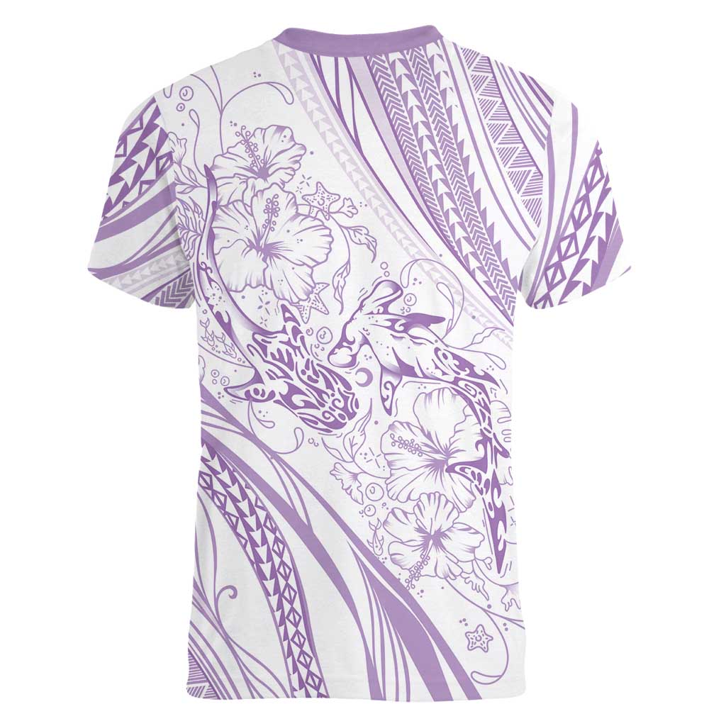 Sharks Couple Dreamy Polynesians Floral Sea Women V-Neck T-Shirt Lilac LT7 - Polynesian Pride