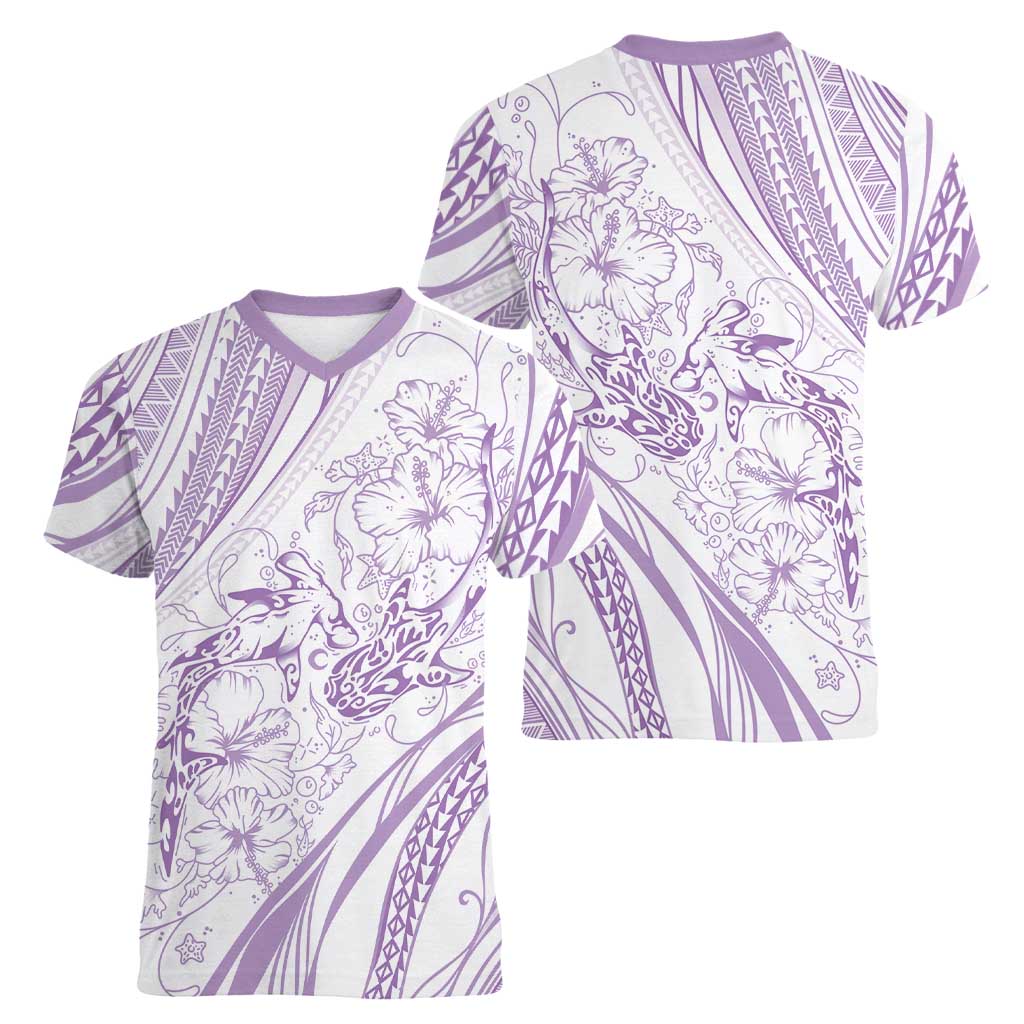 Sharks Couple Dreamy Polynesians Floral Sea Women V-Neck T-Shirt Lilac LT7 - Polynesian Pride