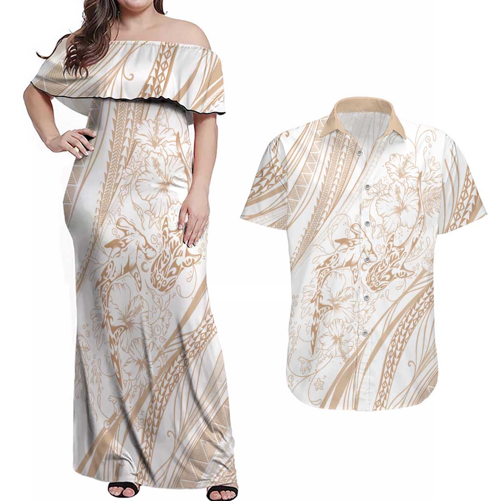 Sharks Couple Dreamy Polynesians Floral Sea Couples Matching Off Shoulder Maxi Dress and Hawaiian Shirt Hazel - Polynesian Pride