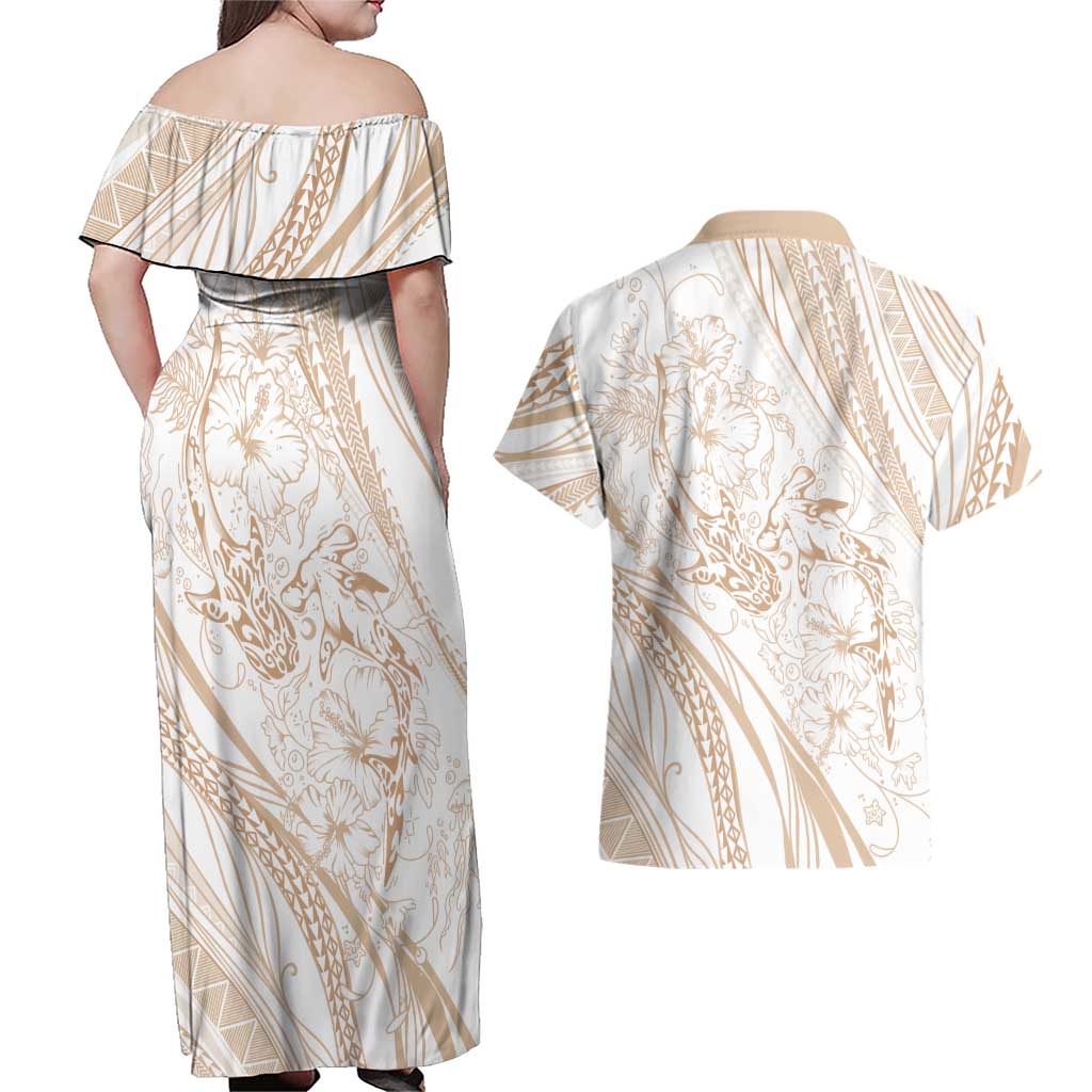 Sharks Couple Dreamy Polynesians Floral Sea Couples Matching Off Shoulder Maxi Dress and Hawaiian Shirt Hazel - Polynesian Pride