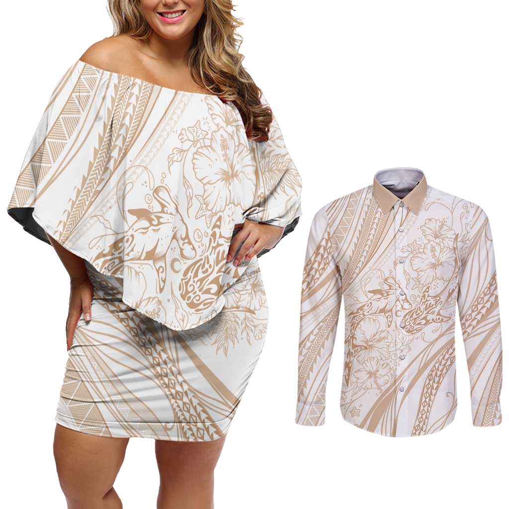 Sharks Couple Dreamy Polynesians Floral Sea Couples Matching Off Shoulder Short Dress and Long Sleeve Button Shirt Hazel - Polynesian Pride