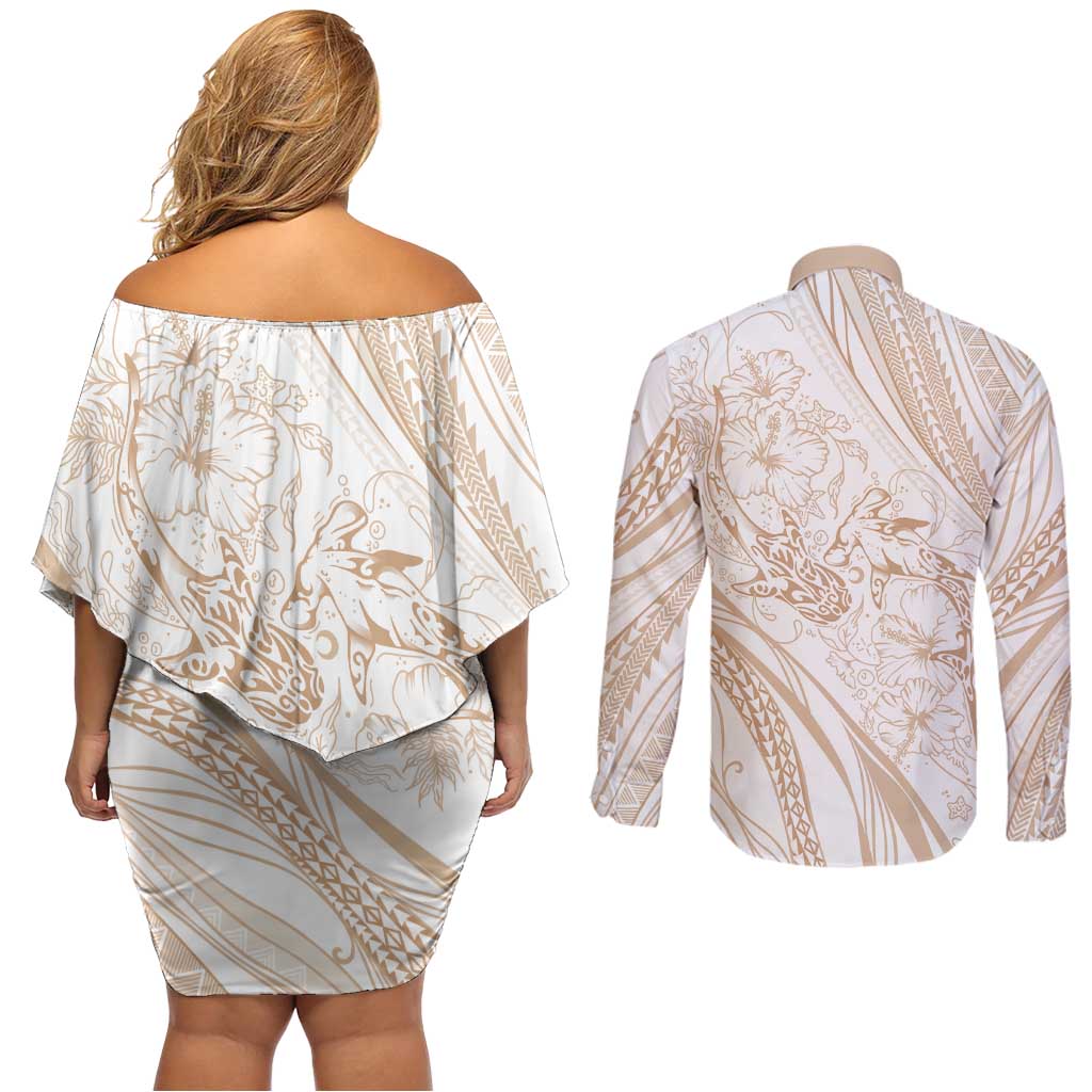 Sharks Couple Dreamy Polynesians Floral Sea Couples Matching Off Shoulder Short Dress and Long Sleeve Button Shirt Hazel - Polynesian Pride