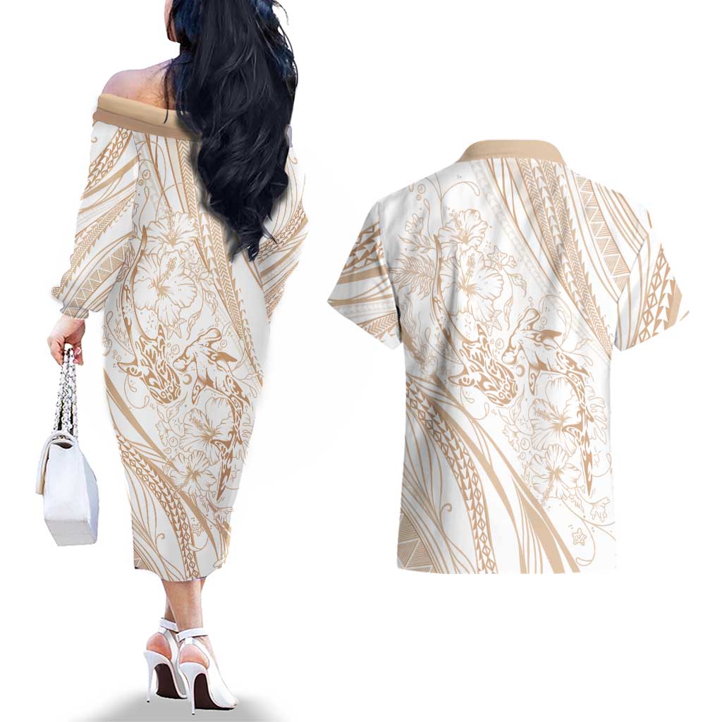 Sharks Couple Dreamy Polynesians Floral Sea Couples Matching Off The Shoulder Long Sleeve Dress and Hawaiian Shirt Hazel LT7 - Polynesian Pride
