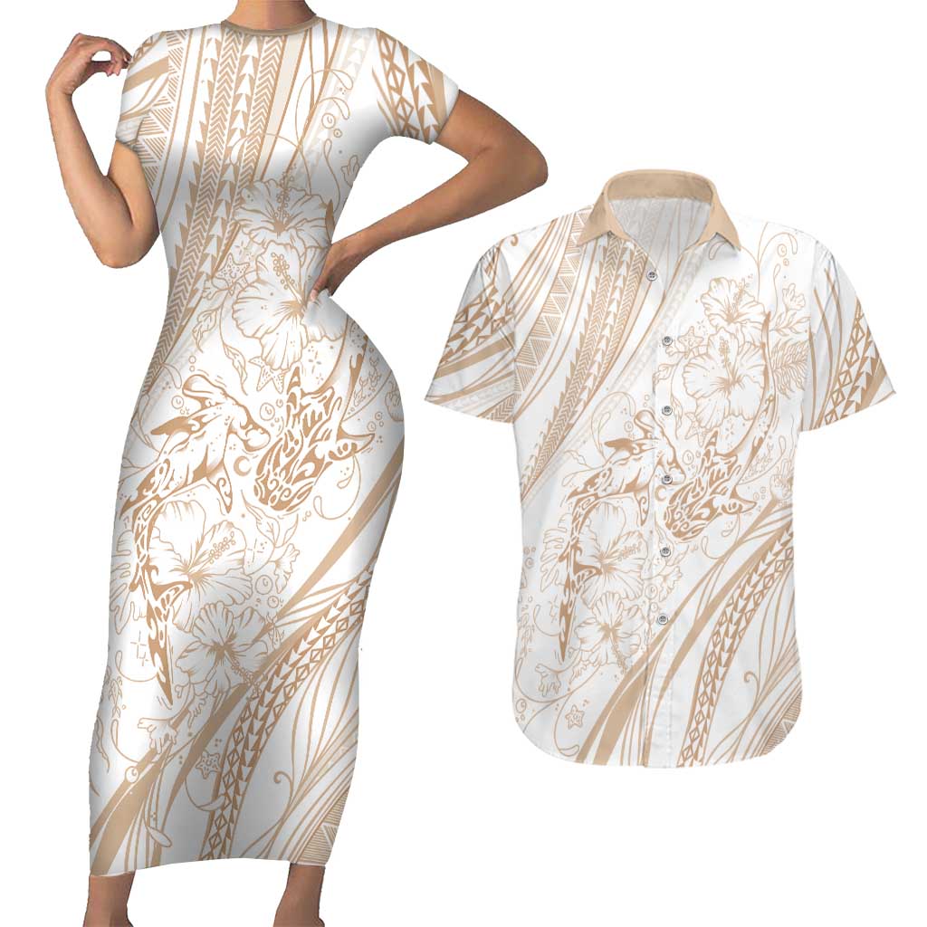 Sharks Couple Dreamy Polynesians Floral Sea Couples Matching Short Sleeve Bodycon Dress and Hawaiian Shirt Hazel - Polynesian Pride