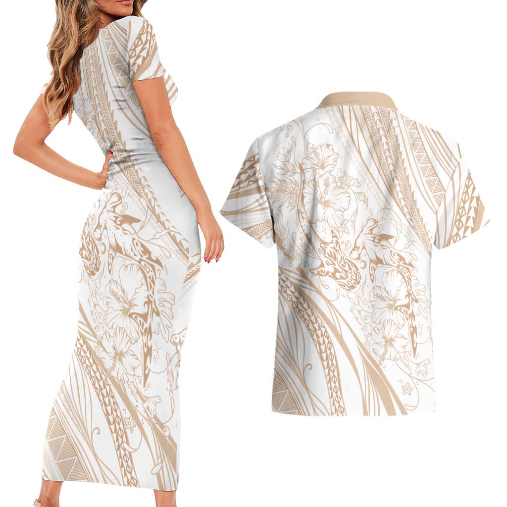 Sharks Couple Dreamy Polynesians Floral Sea Couples Matching Short Sleeve Bodycon Dress and Hawaiian Shirt Hazel LT7 - Polynesian Pride