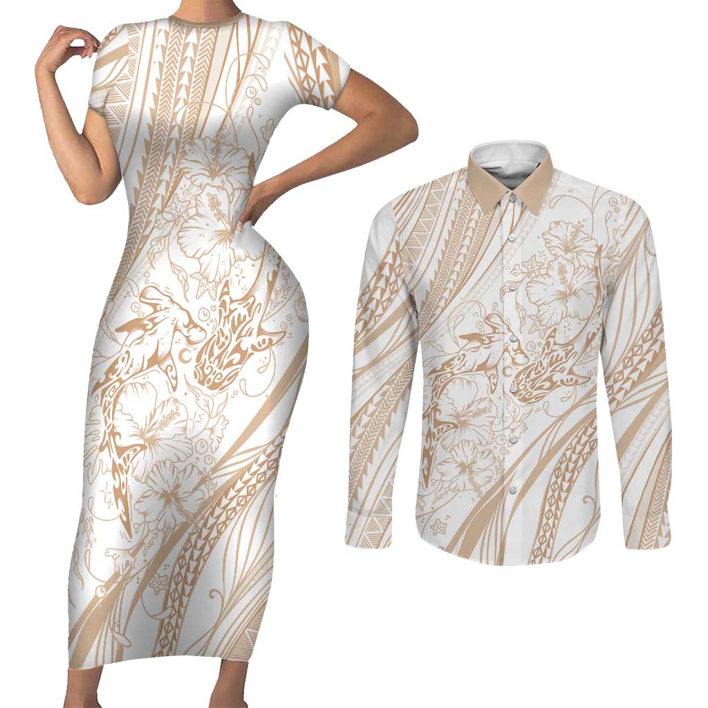 Sharks Couple Dreamy Polynesians Floral Sea Couples Matching Short Sleeve Bodycon Dress and Long Sleeve Button Shirt Hazel - Polynesian Pride