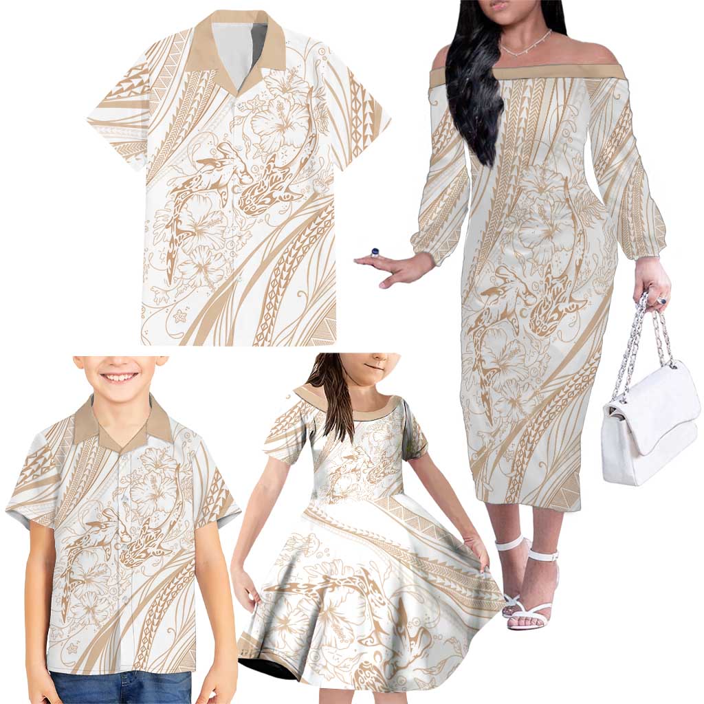 Sharks Couple Dreamy Polynesians Floral Sea Family Matching Off The Shoulder Long Sleeve Dress and Hawaiian Shirt Hazel LT7 - Polynesian Pride