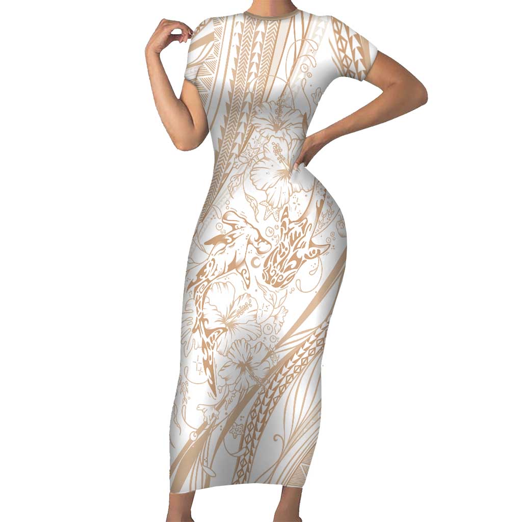 Sharks Couple Dreamy Polynesians Floral Sea Short Sleeve Bodycon Dress Hazel - Polynesian Pride