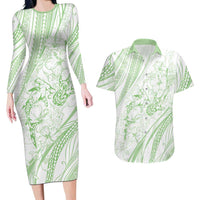 Sharks Couple Dreamy Polynesians Floral Sea Couples Matching Long Sleeve Bodycon Dress and Hawaiian Shirt Emerald LT7 Emerald - Polynesian Pride